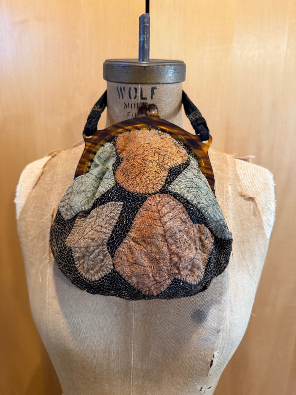 1920s-1930s Handbag with Tortoiseshell Frame & Hand Stitched Textile Collage